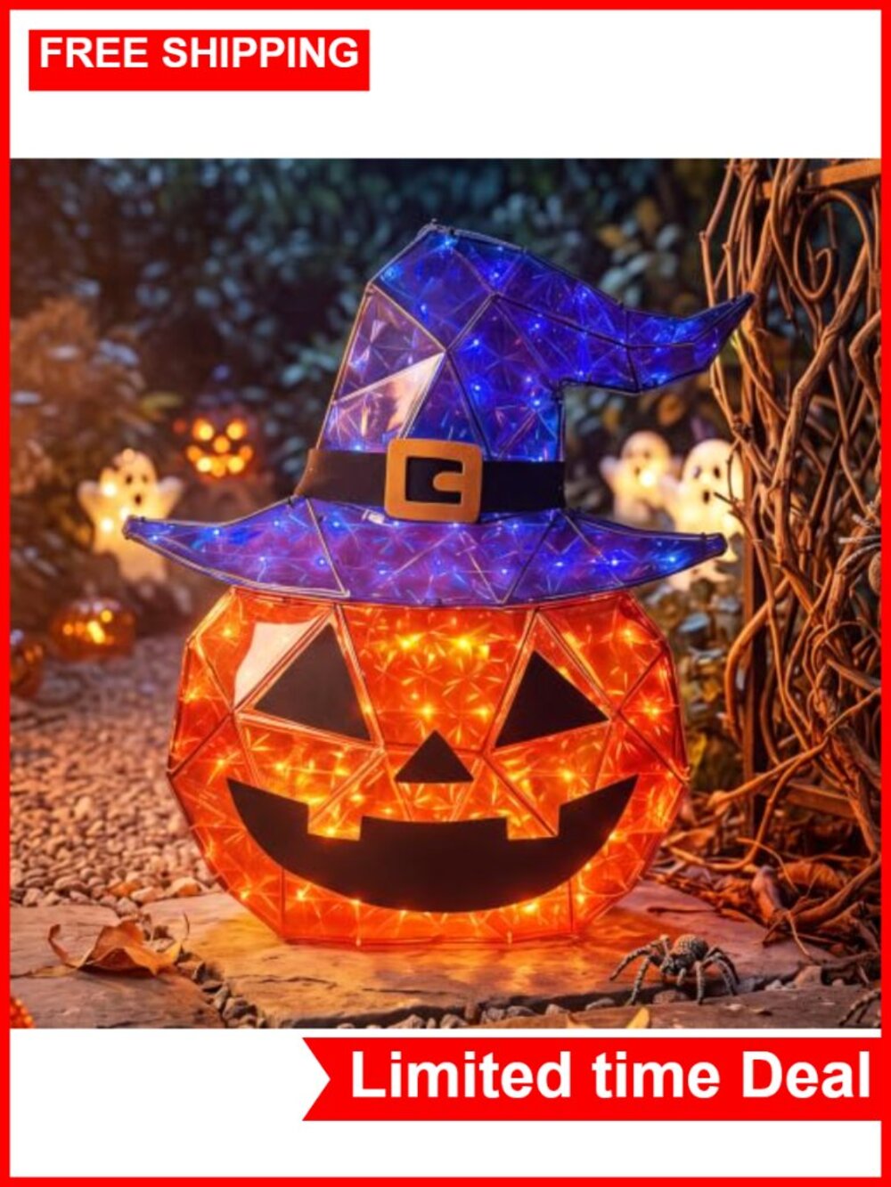 Light Up Halloween Pumpkin Decor with Witch Hat 24in Outdoor Yard Display LED